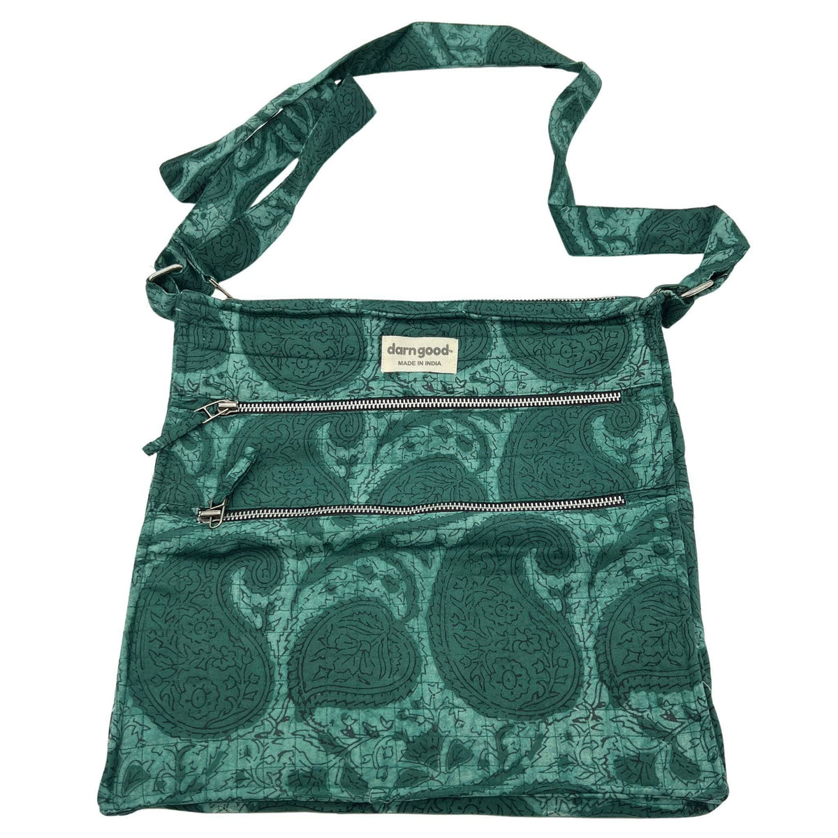 Boho crossbody bag with dark teal paisley print and three zippered front rows