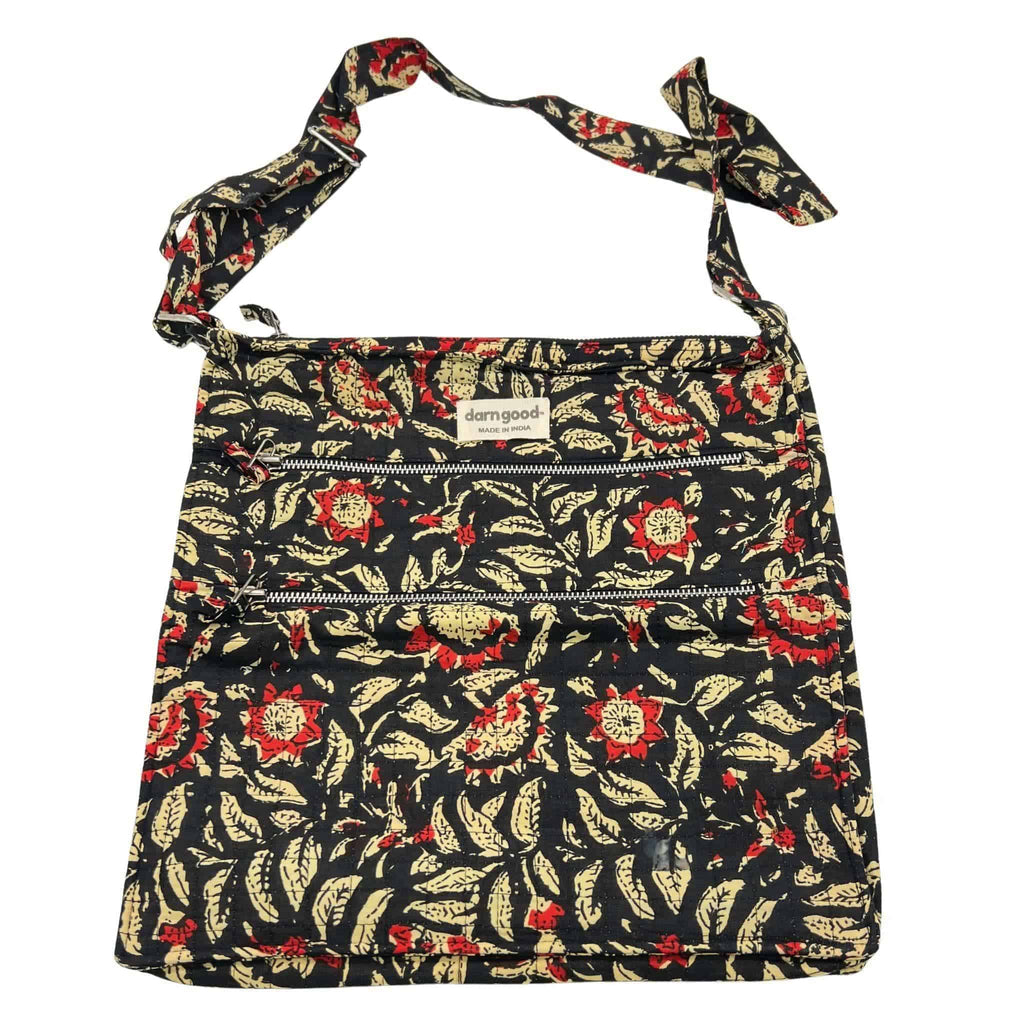 Boho crossbody bag with black base and red floral bird print, zippered front rows