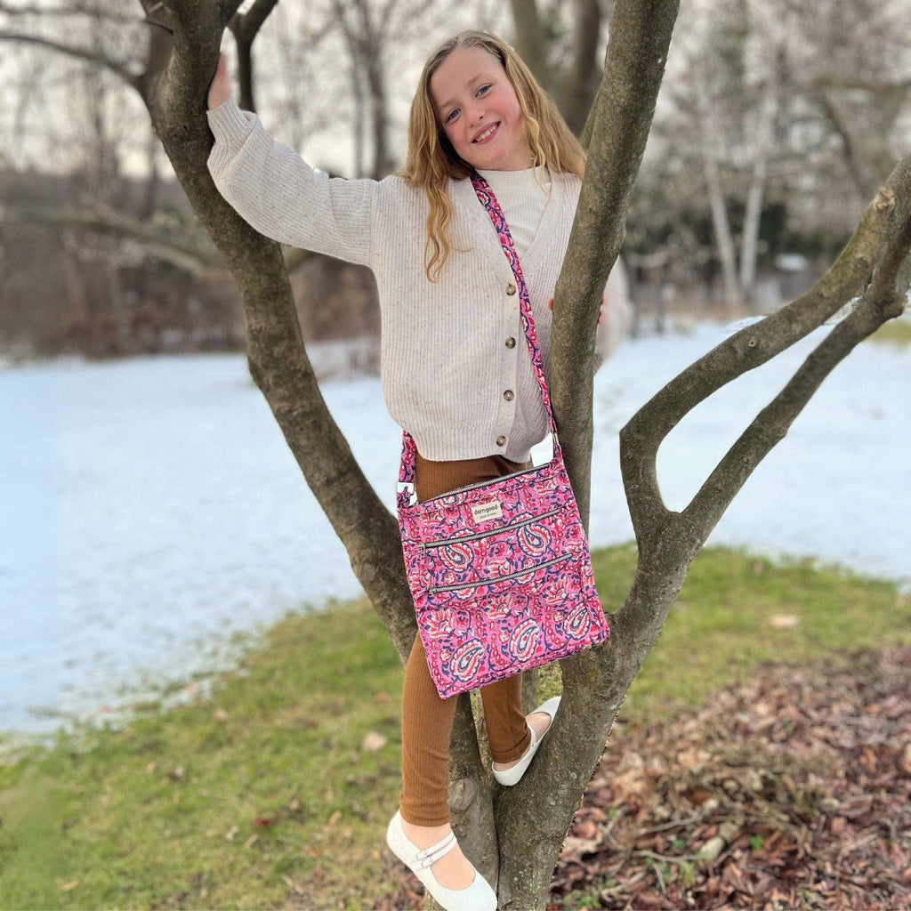 Paisley patterned crossbody bag in pink and purple with top zip closure