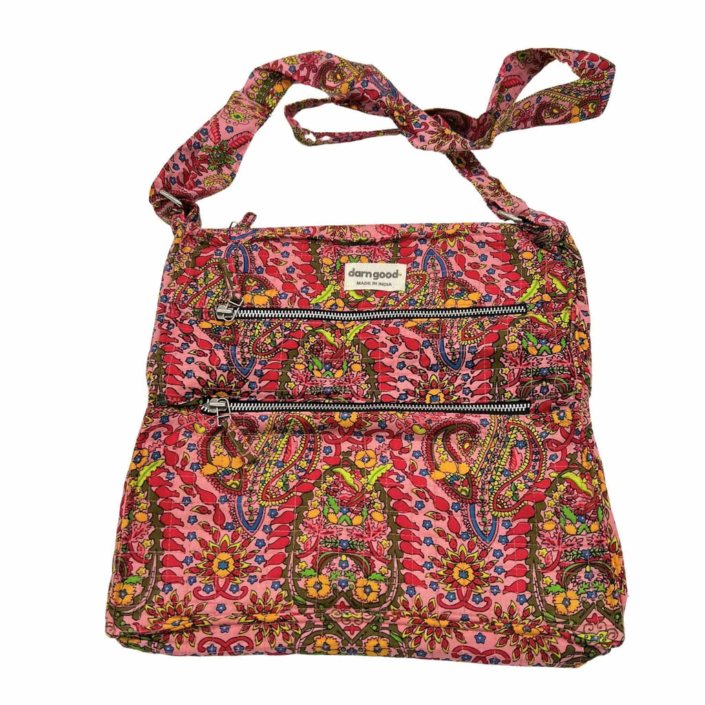 Boho crossbody bag with pink paisley print and three zippered front rows