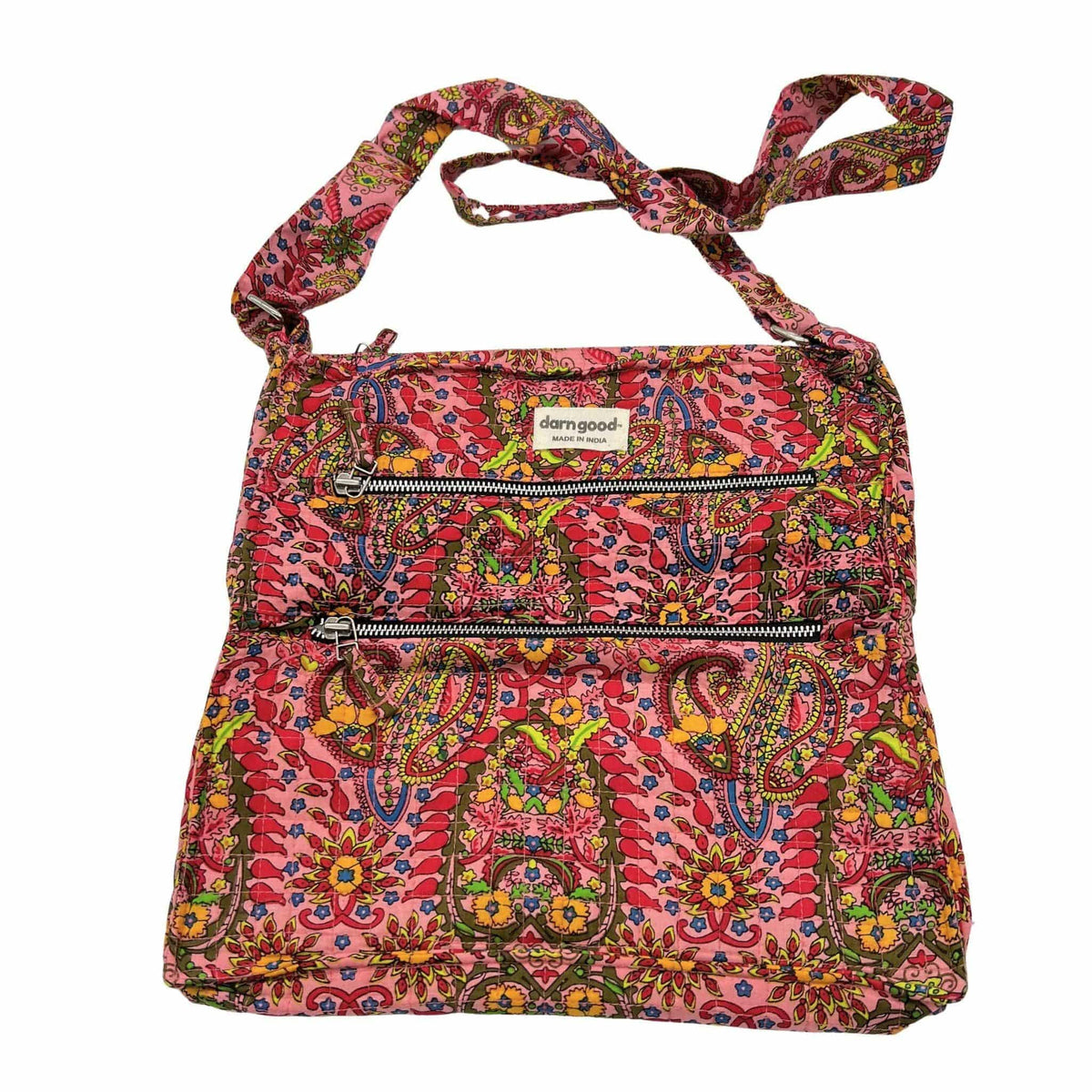 Boho crossbody bag with pink paisley print and three zippered front rows