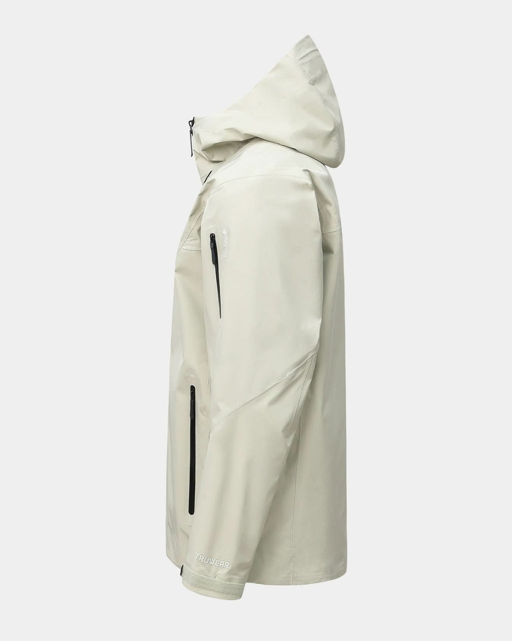 Bone hooded jacket side view with full zipper and zippered sleeve pocket.