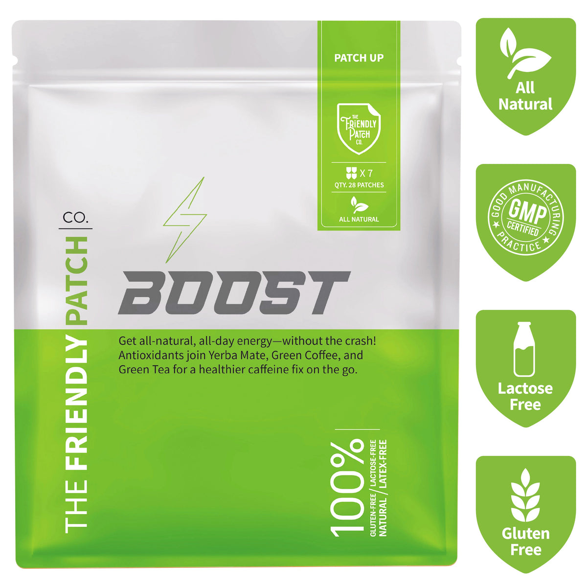 Back view of a white and green Boost energy patch pouch