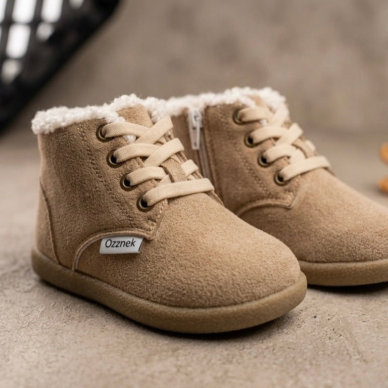 Tan toddler barefoot winter boots with shearling lining, lace-up front and side zipper