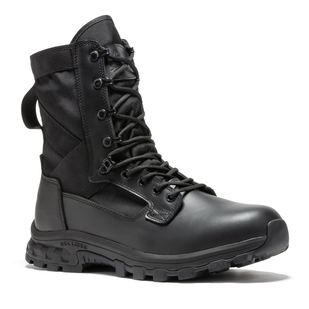 Black lace-up tactical boot with padded collar and rugged rubber outsole