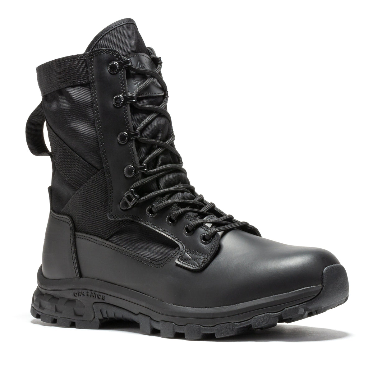 Black lace-up tactical boot with padded collar and rugged rubber outsole