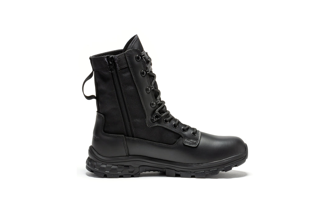 Black mid-calf tactical boot with side zipper, lace-up eyelets, and tread sole