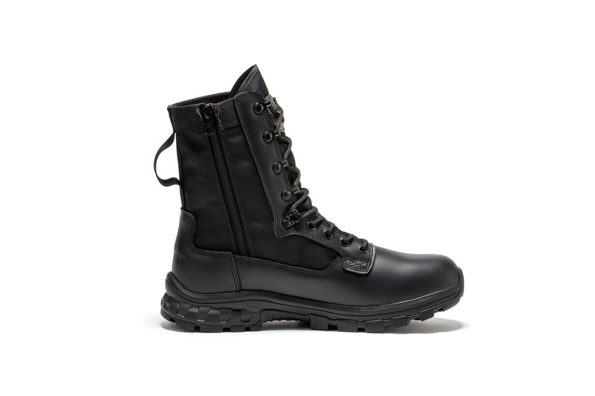 Black mid-calf tactical boot with side zipper, lace-up eyelets, and tread sole