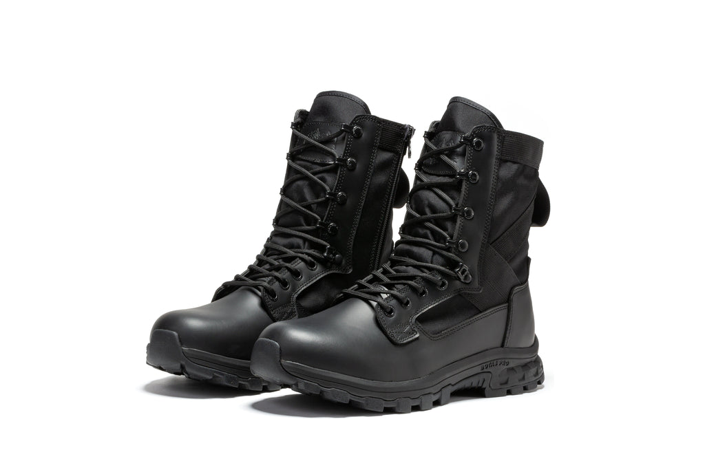 Pair of black tactical boots with lace-up fronts, side zippers, and chunky soles
