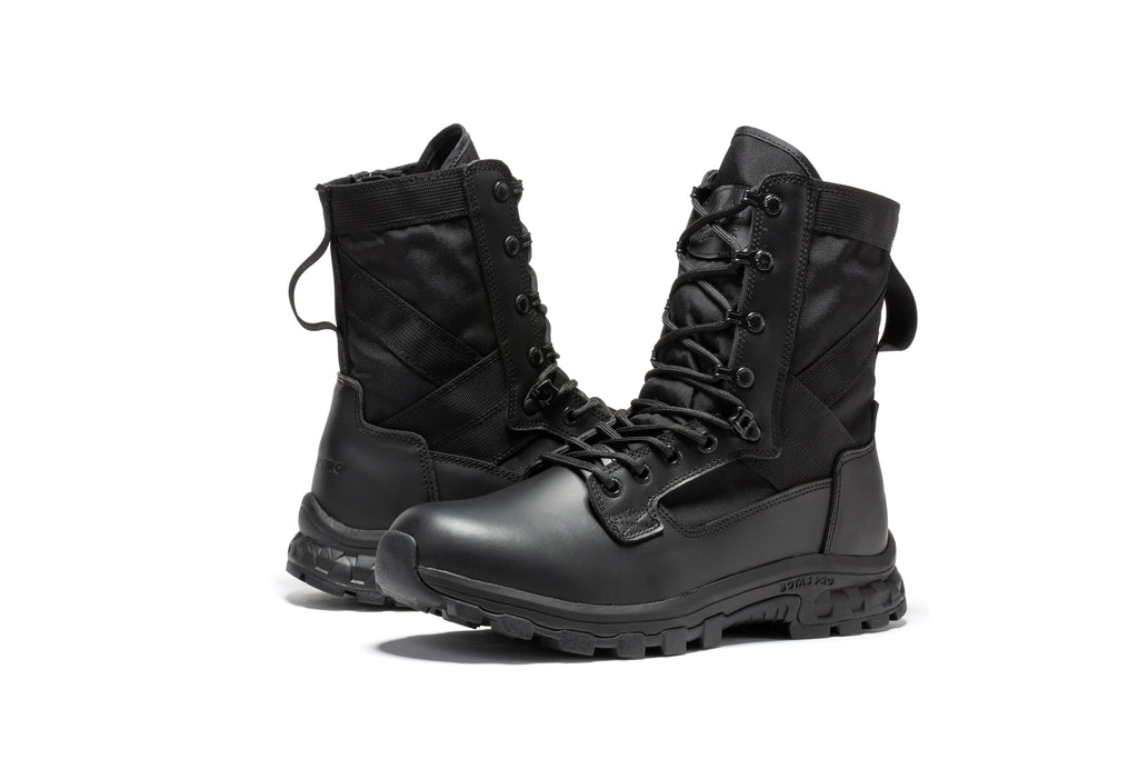 Black 8-inch men's tactical boots with side zipper and lace-up front