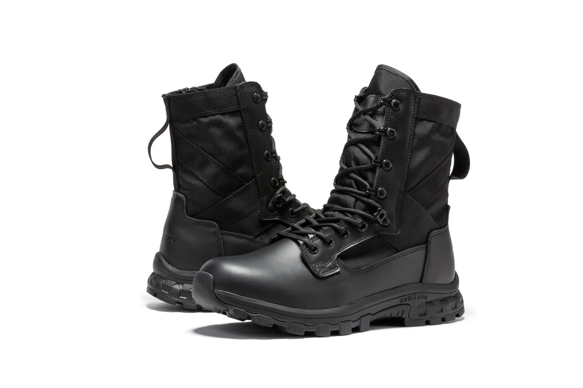 Black 8-inch men's tactical boots with side zipper and lace-up front