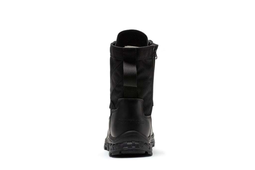 Black men's tall tactical boot with side zipper detail and cushioned ankle opening