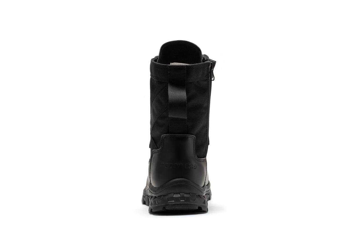 Black men's tall tactical boot with side zipper detail and cushioned ankle opening
