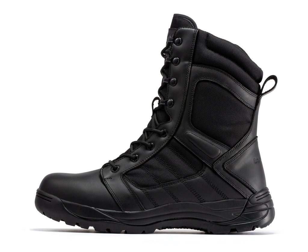 Men's black 8-inch tactical boots, lace-up with reinforced toe and rubber lug sole