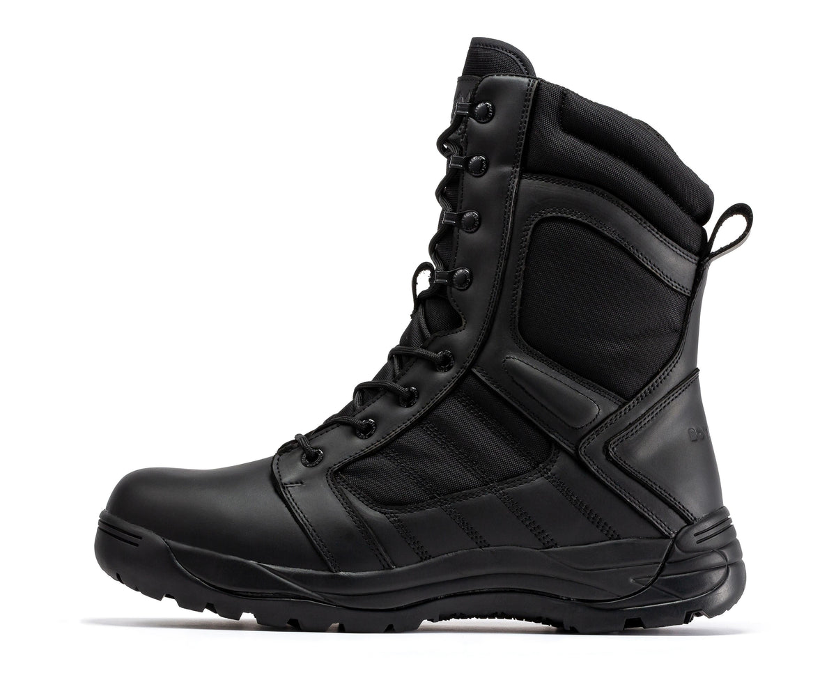 Men's black 8-inch tactical boots, lace-up with reinforced toe and rubber lug sole