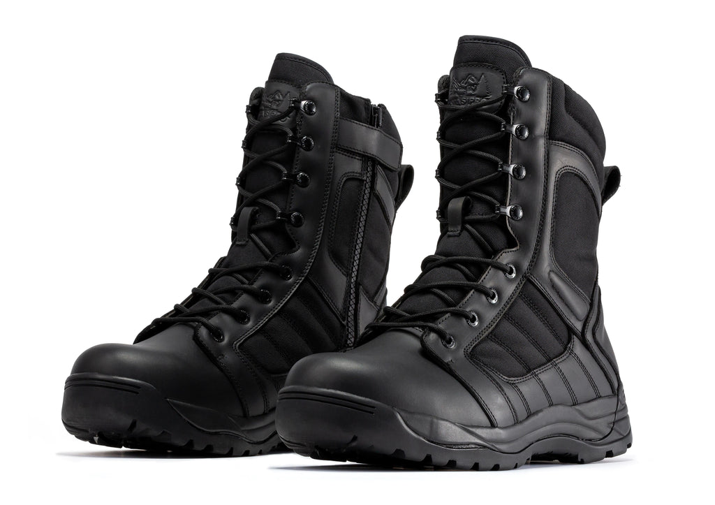 Pair of men's black 8-inch tactical boots, lace-up with padded ankle and rubber lug sole