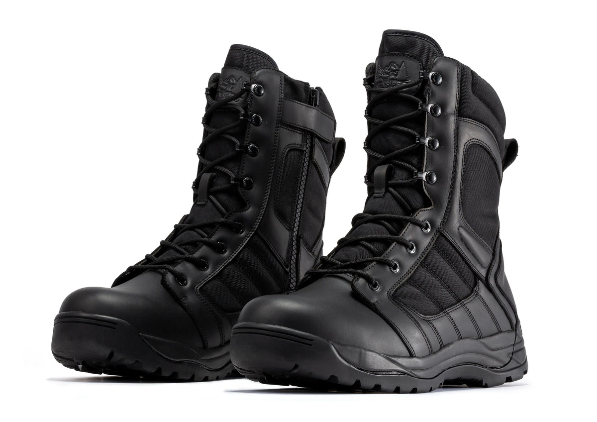 Pair of men's black 8-inch tactical boots, lace-up with padded ankle and rubber lug sole