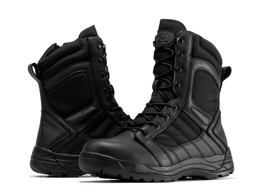 Men's black tactical boots, side view of lace-up upper with padded collar and panel details