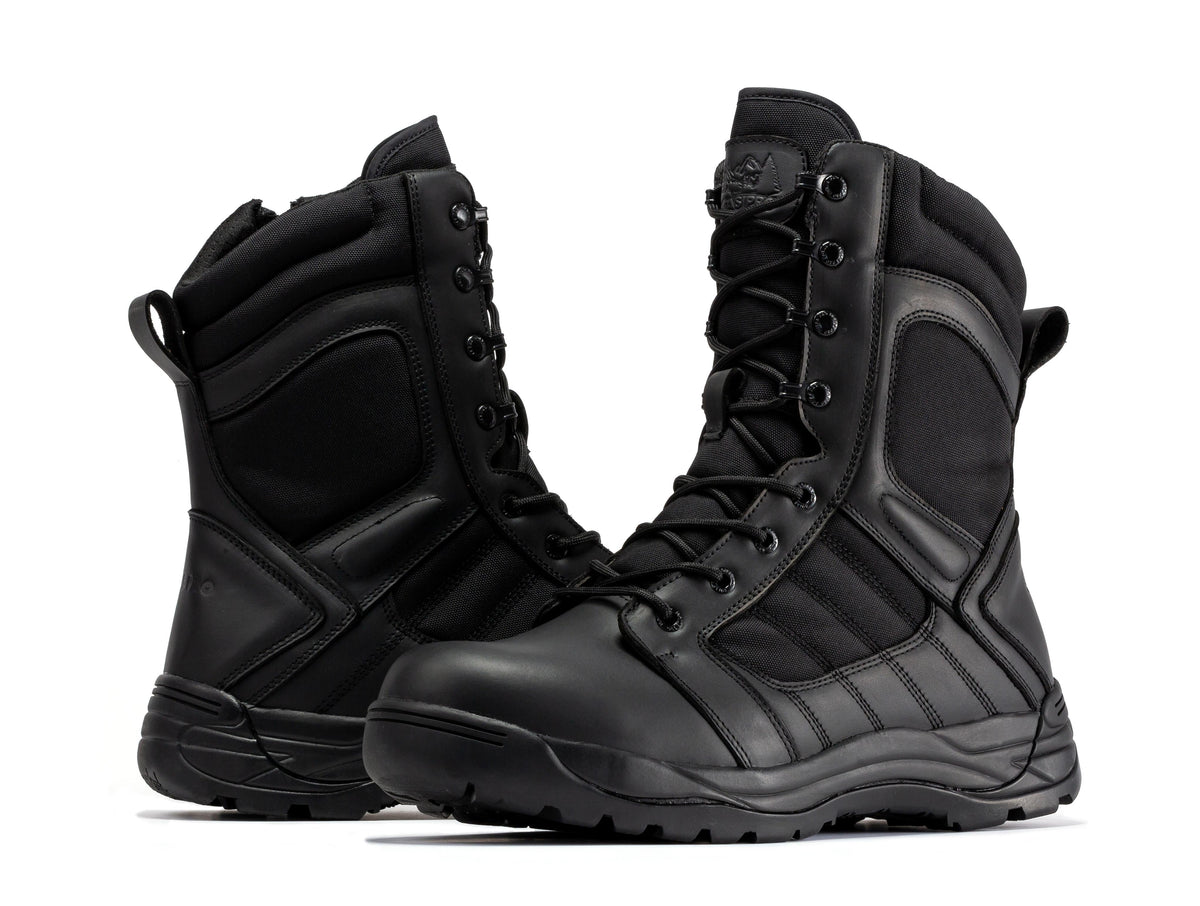 Men's black tactical boots, side view of lace-up upper with padded collar and panel details