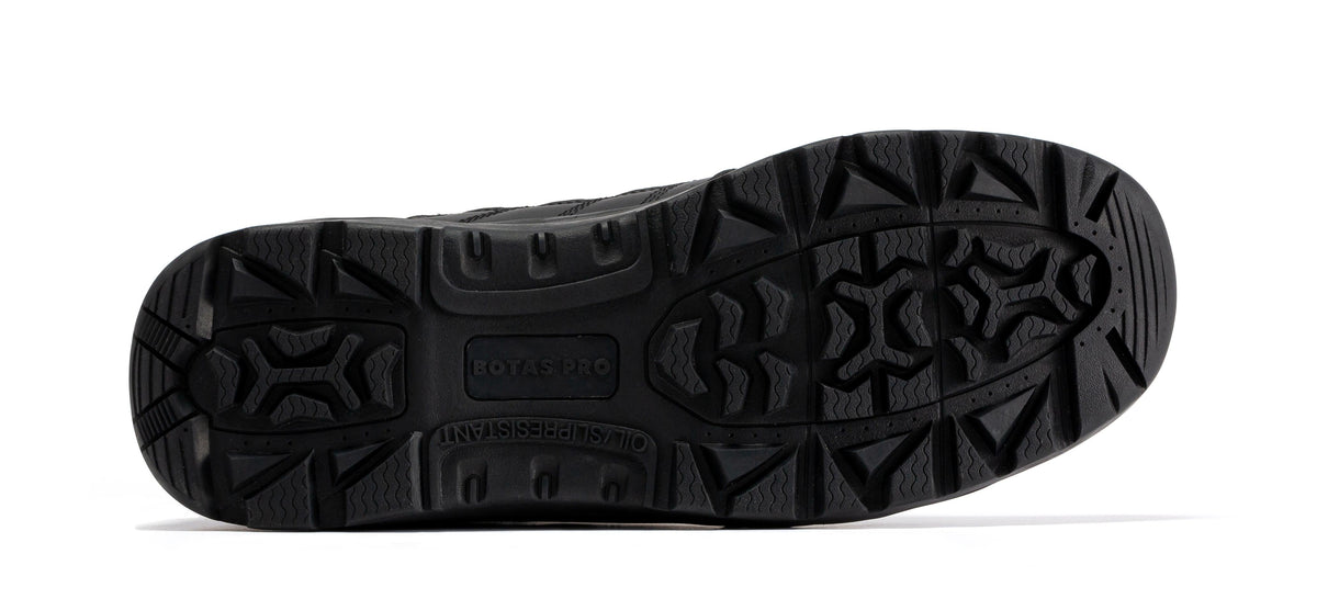 Tactical boot outsole view with tread pattern on black rubber sole