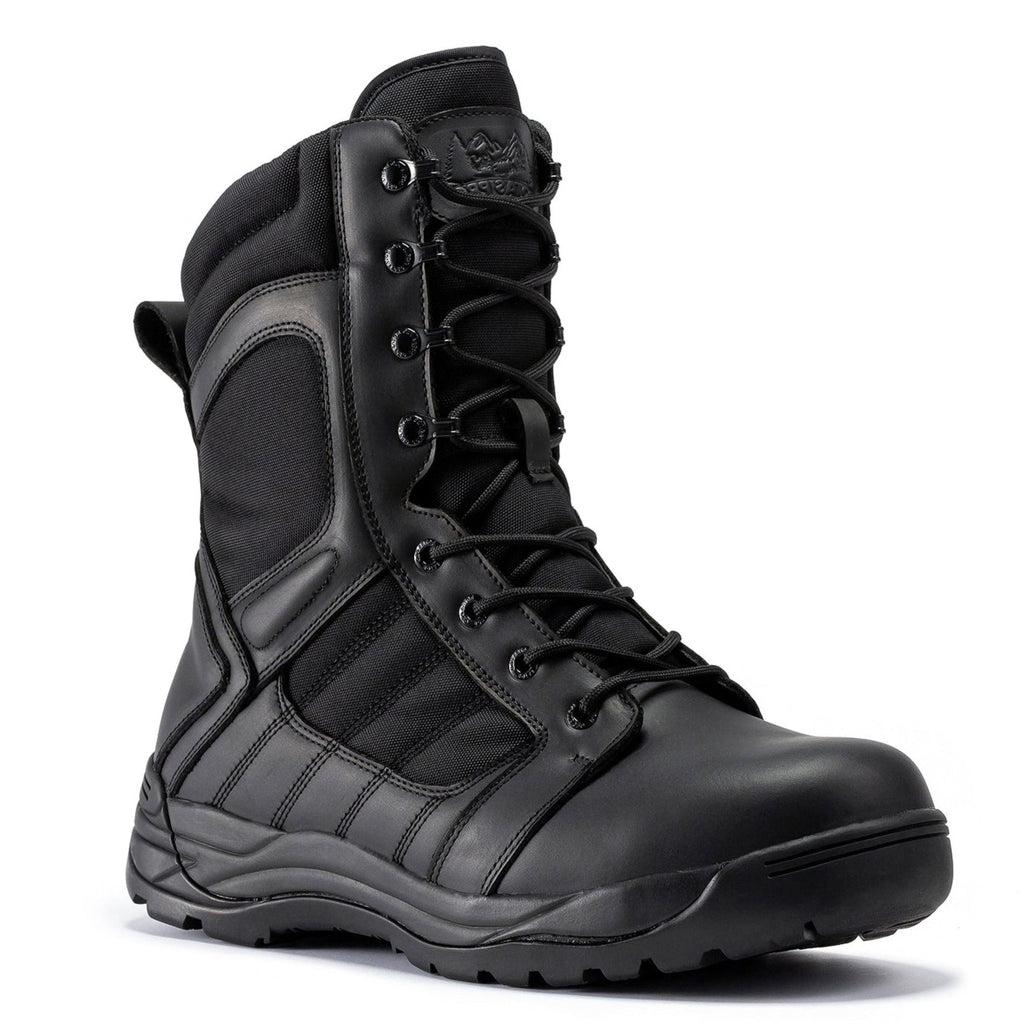 Men's 8-inch tactical boots, black leather-look upper, lace-up with rubber lug sole