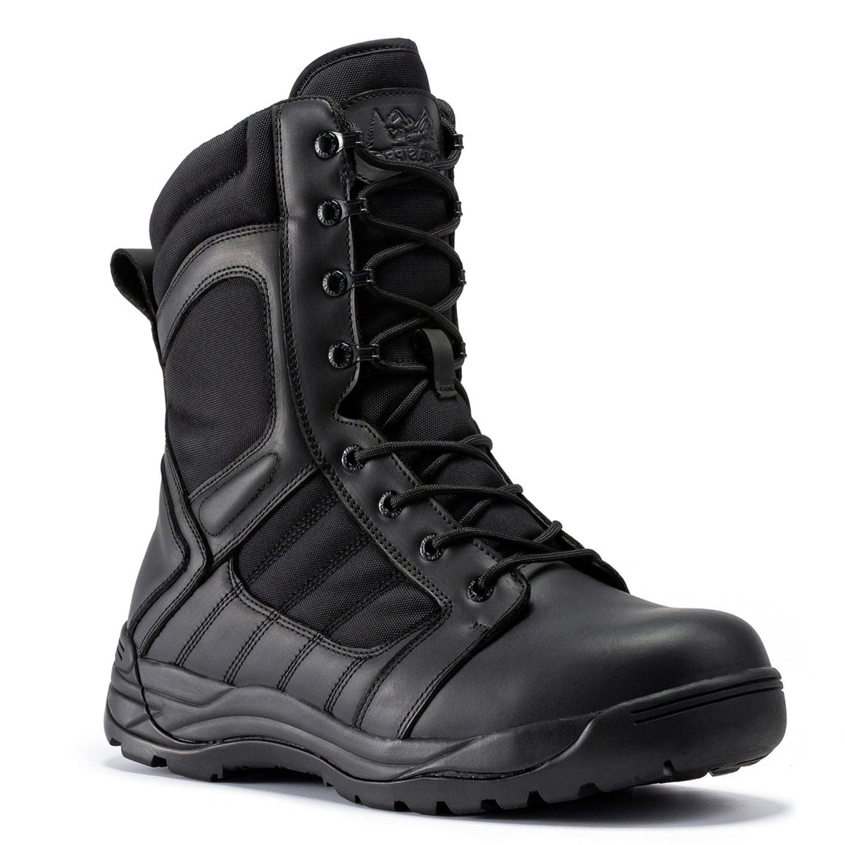 Men's 8-inch tactical boots, black leather-look upper, lace-up with rubber lug sole
