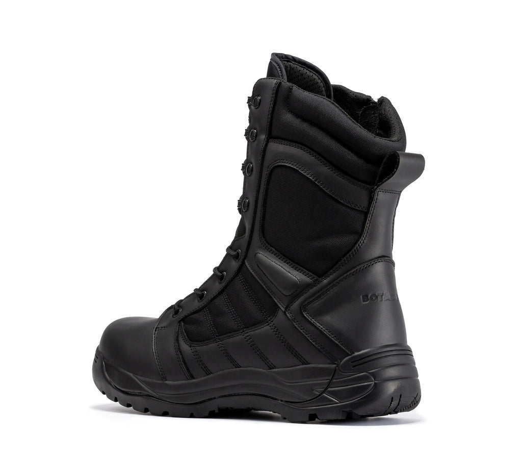 Men's 8-inch black tactical boots, lace-up with padded collar and side reinforcement panel