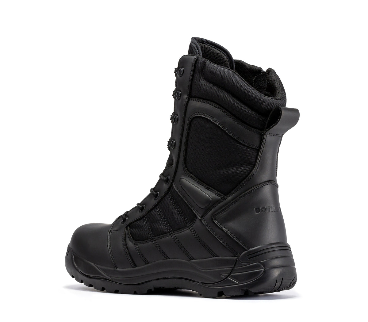 Men's 8-inch black tactical boots, lace-up with padded collar and side reinforcement panel