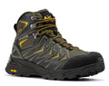 Waterproof 6-inch hiking boot, dark metallic green with yellow laces and rubber toe cap