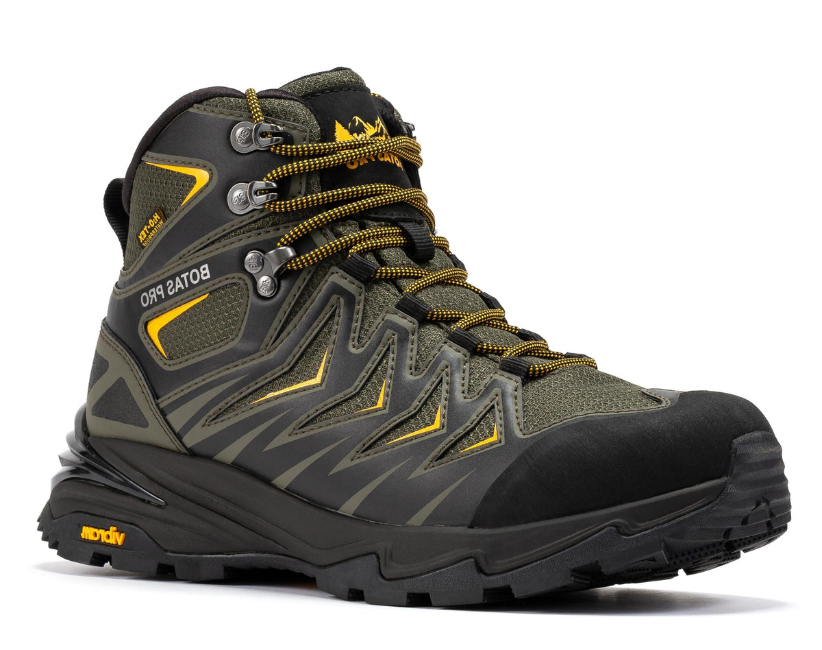 Waterproof 6-inch hiking boot, dark metallic green with yellow laces and rubber toe cap