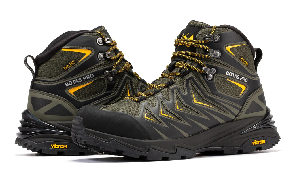 Pair of waterproof 6-inch hiking boots, dark green uppers with yellow laces and chunky soles