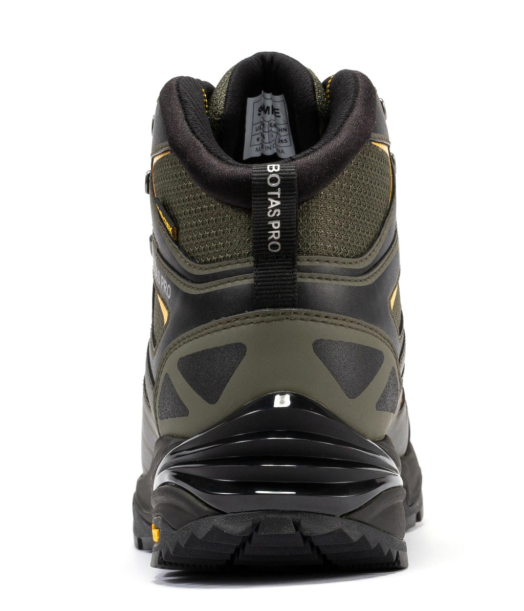 Waterproof hiking boot, heel view in dark green with padded collar and pull tab