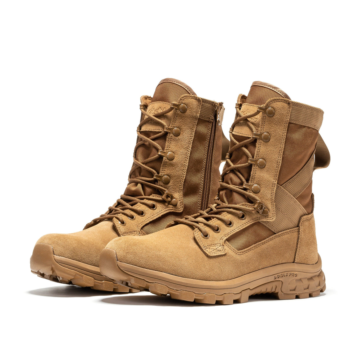 Pair of men's sand tactical boots, lace-up high tops with side zipper