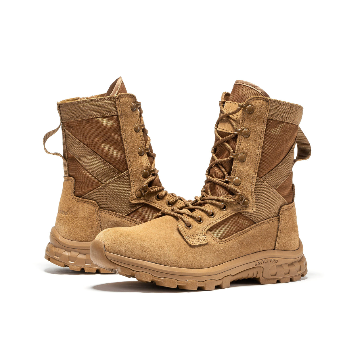 Men's sand tactical boots, front angle showing lace-up and side zipper