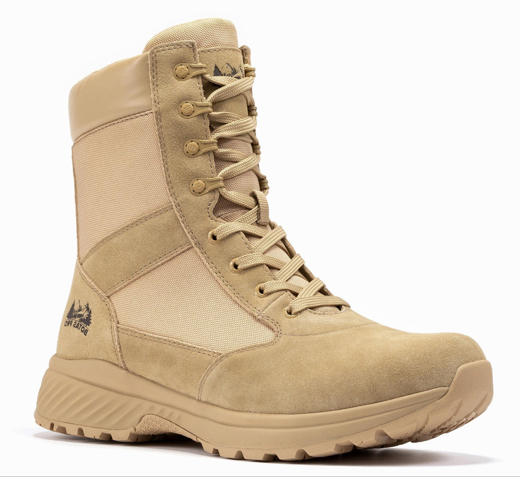 Men's 8-inch sand tactical boots with lace-up front and cushioned rubber sole