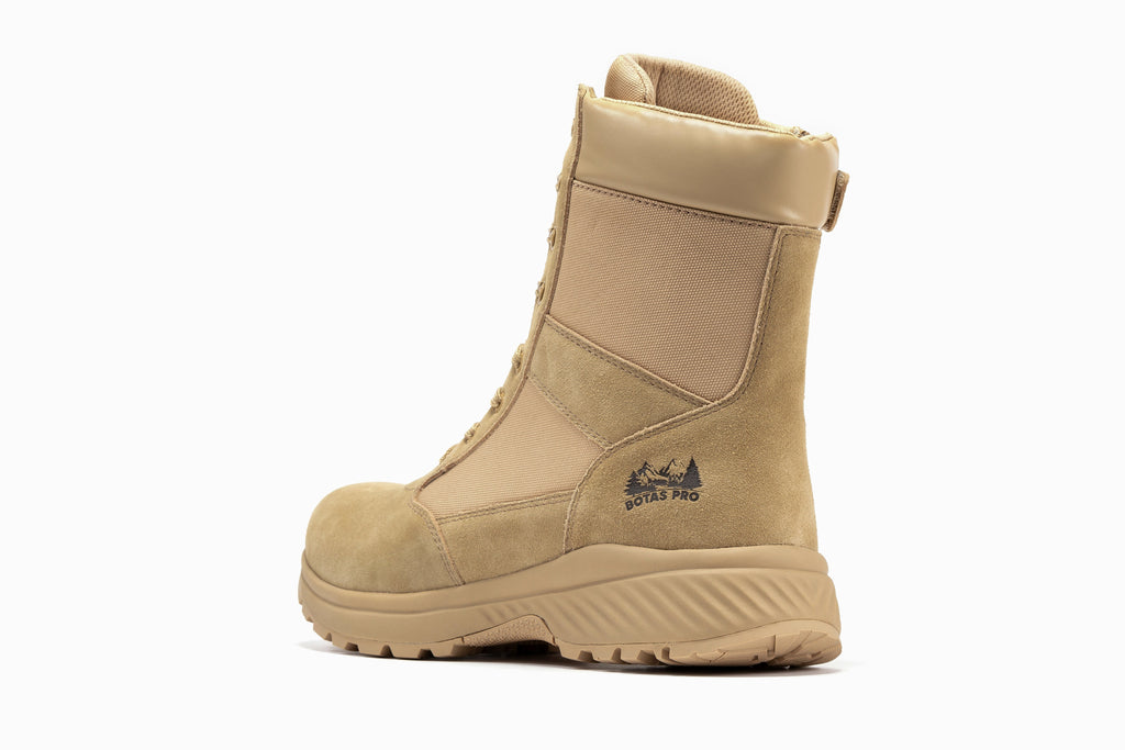 Men's 8-inch sand tactical boots, side view with lace-up and padded collar