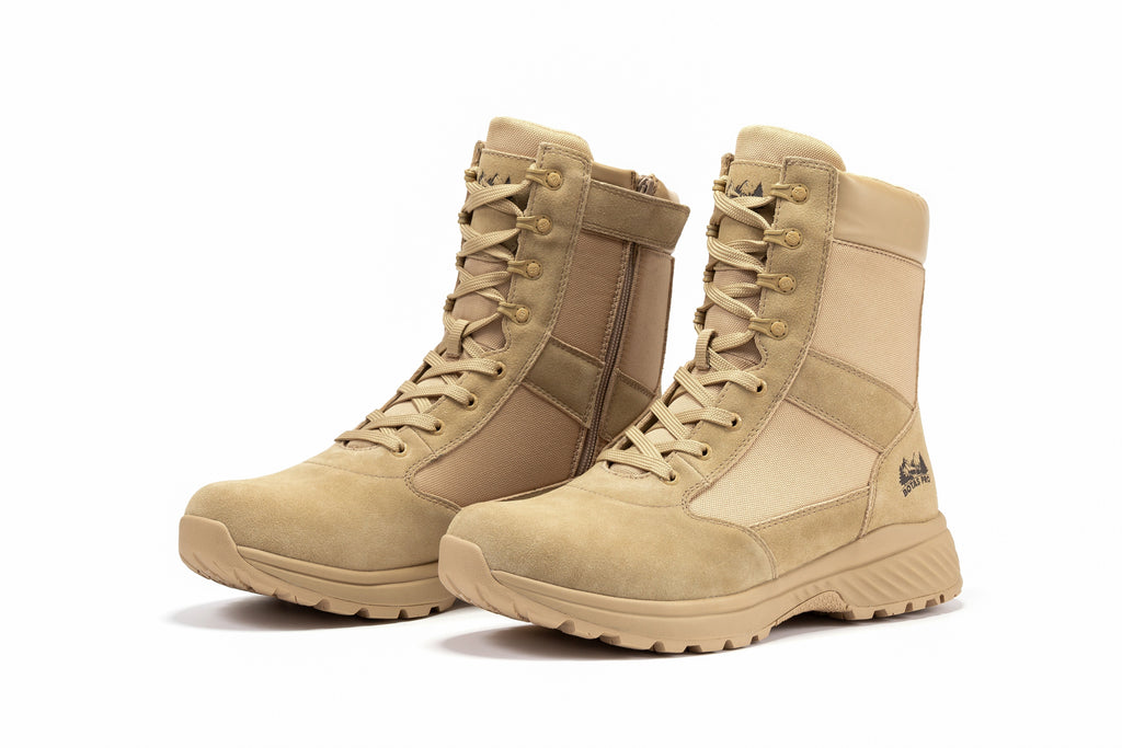 Pair of men's 8-inch sand tactical boots with lace-up tops and rugged tread