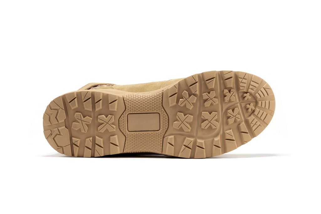 Men's 8-inch sand tactical boot outsole with deep traction tread pattern