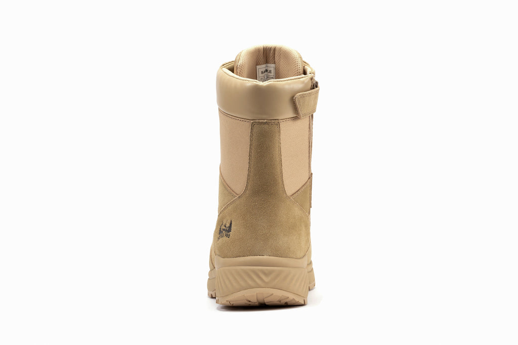 Men's 8-inch sand tactical boots from heel view with pull-on tab and cushioned collar