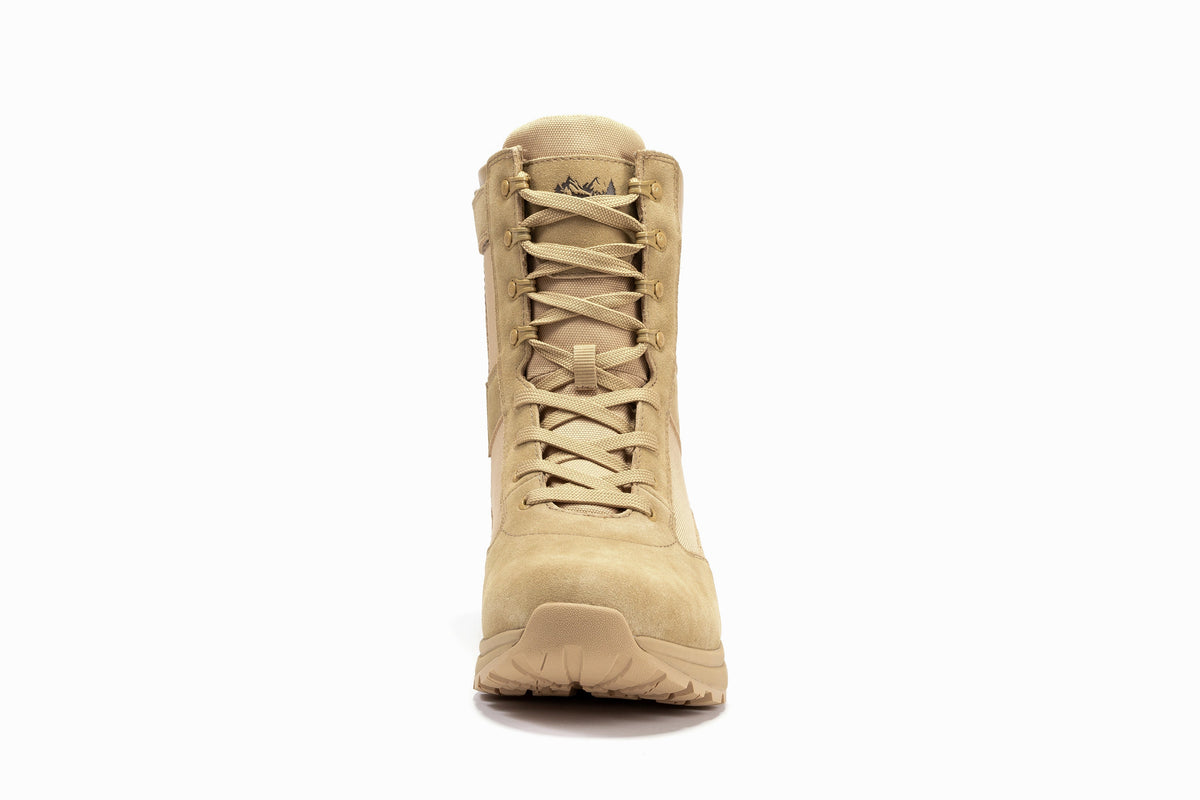 Men's 8-inch sand tactical boots from front view with lace-up closure