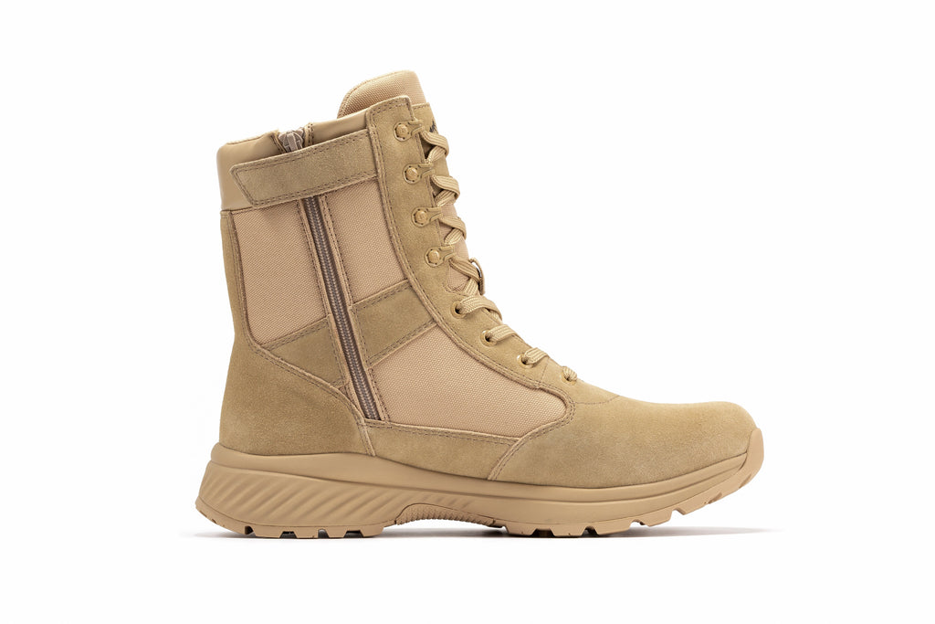 Men's 8-inch sand tactical boots with side zip panel, lace-up front, thick tread