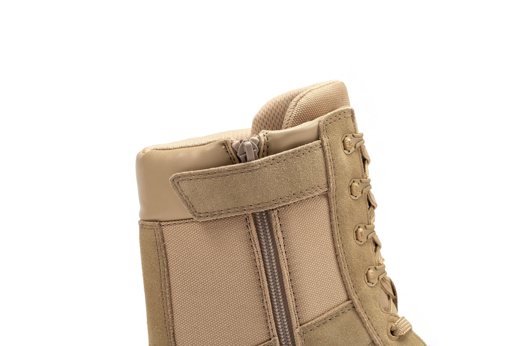 Men's 8-inch sand tactical boot detail with side zip panel and lace hardware
