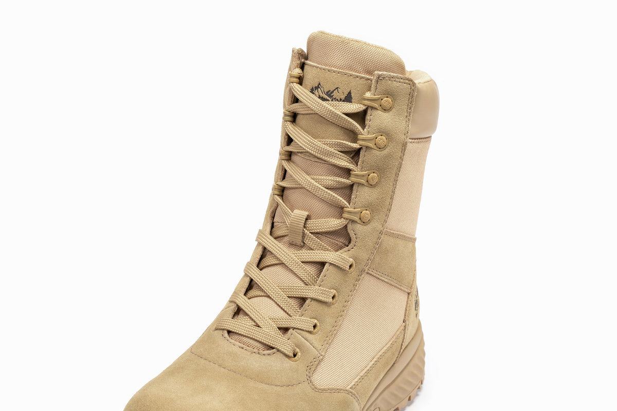 Men's 8-inch sand tactical boots close-up of lace-up front and side panel