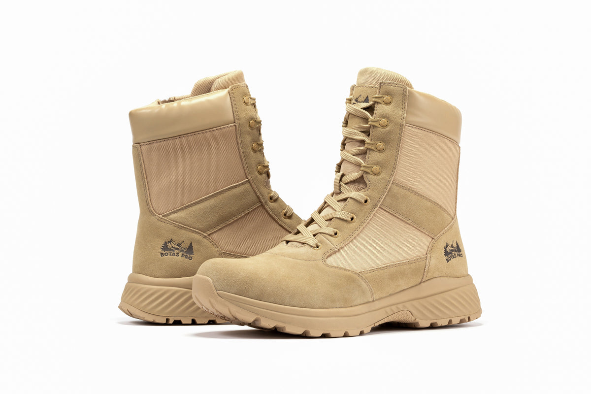 Men's 8-inch sand tactical boots in side-by-side view with rugged rubber tread