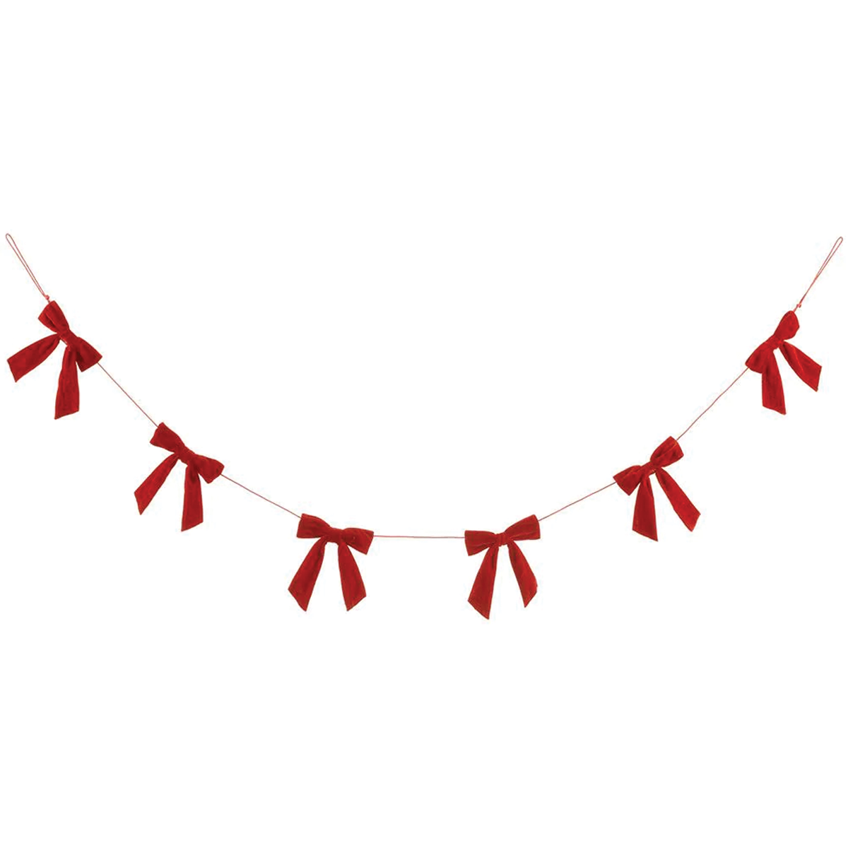 Red velvet bow garland with small bows spaced along red string