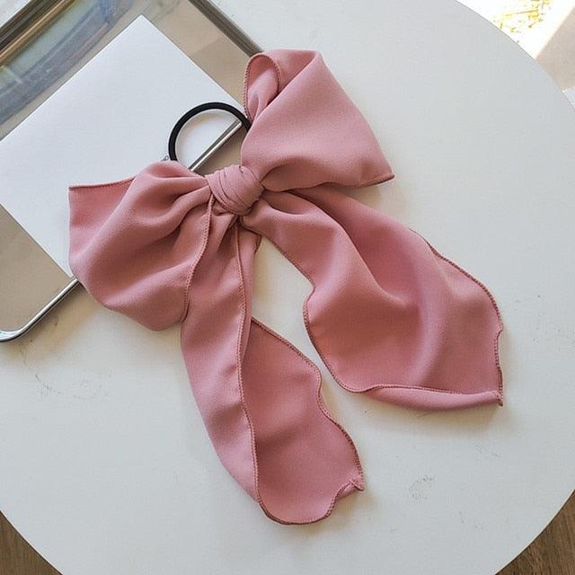 Blush pink satin bow hair scrunchie with elastic hair band