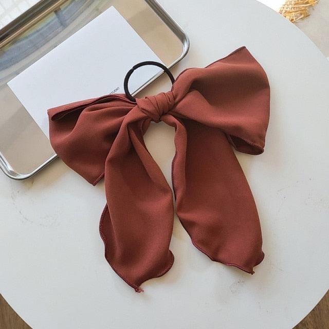 Satin bow hair scrunchie in wine red with elastic hair band