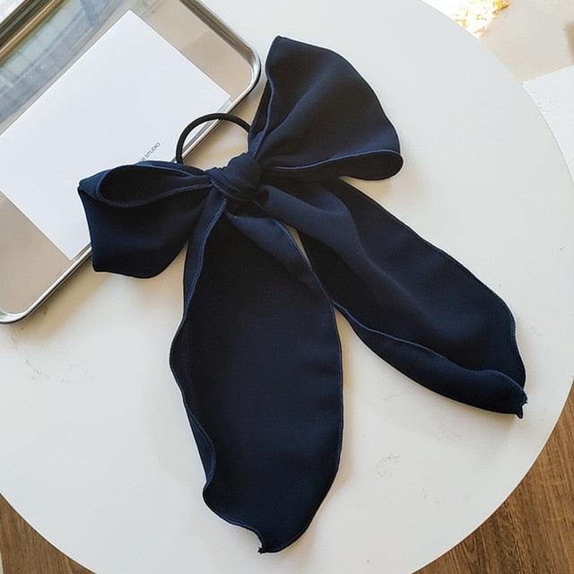Navy satin bow hair scrunchie with elastic hair band