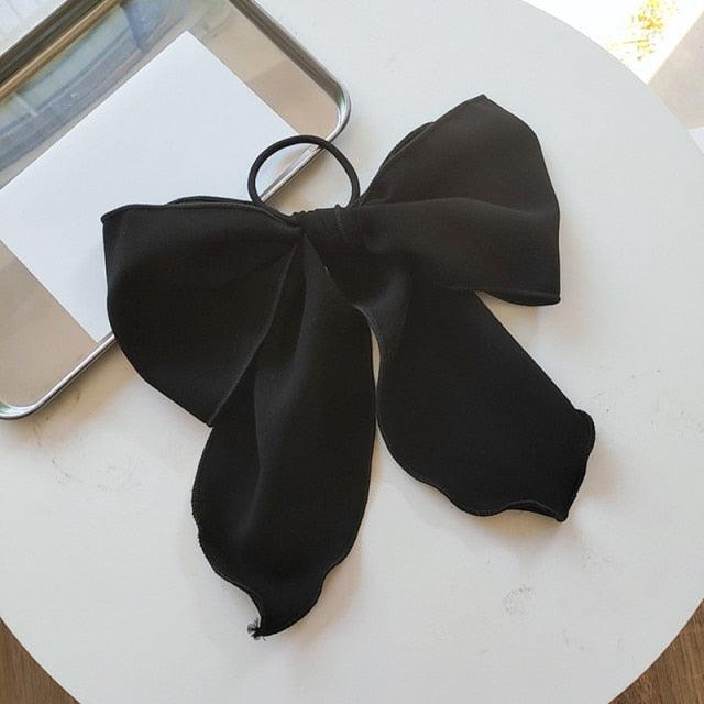 Black satin bow hair scrunchie with elastic hair band