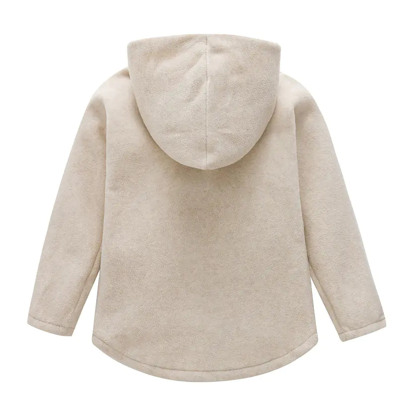Boys light beige fleece hooded jacket, back view